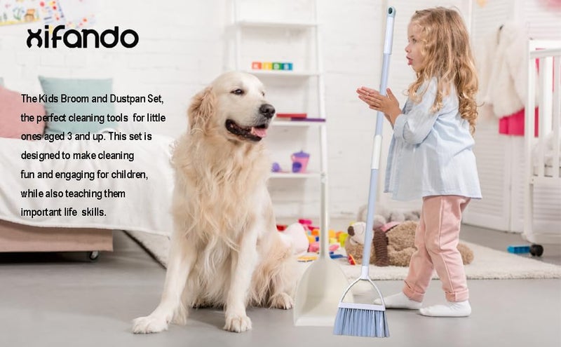Xifando Mini Broom with Dustpan for Kids,Little Housekeeping Helper Set (White+Blue) - Image 1
